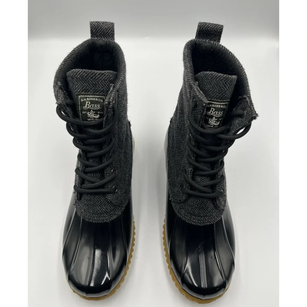G.H. Bass Duck Boots Womens 8 Black Grey‎ Herringbone Waterproof Lace Up